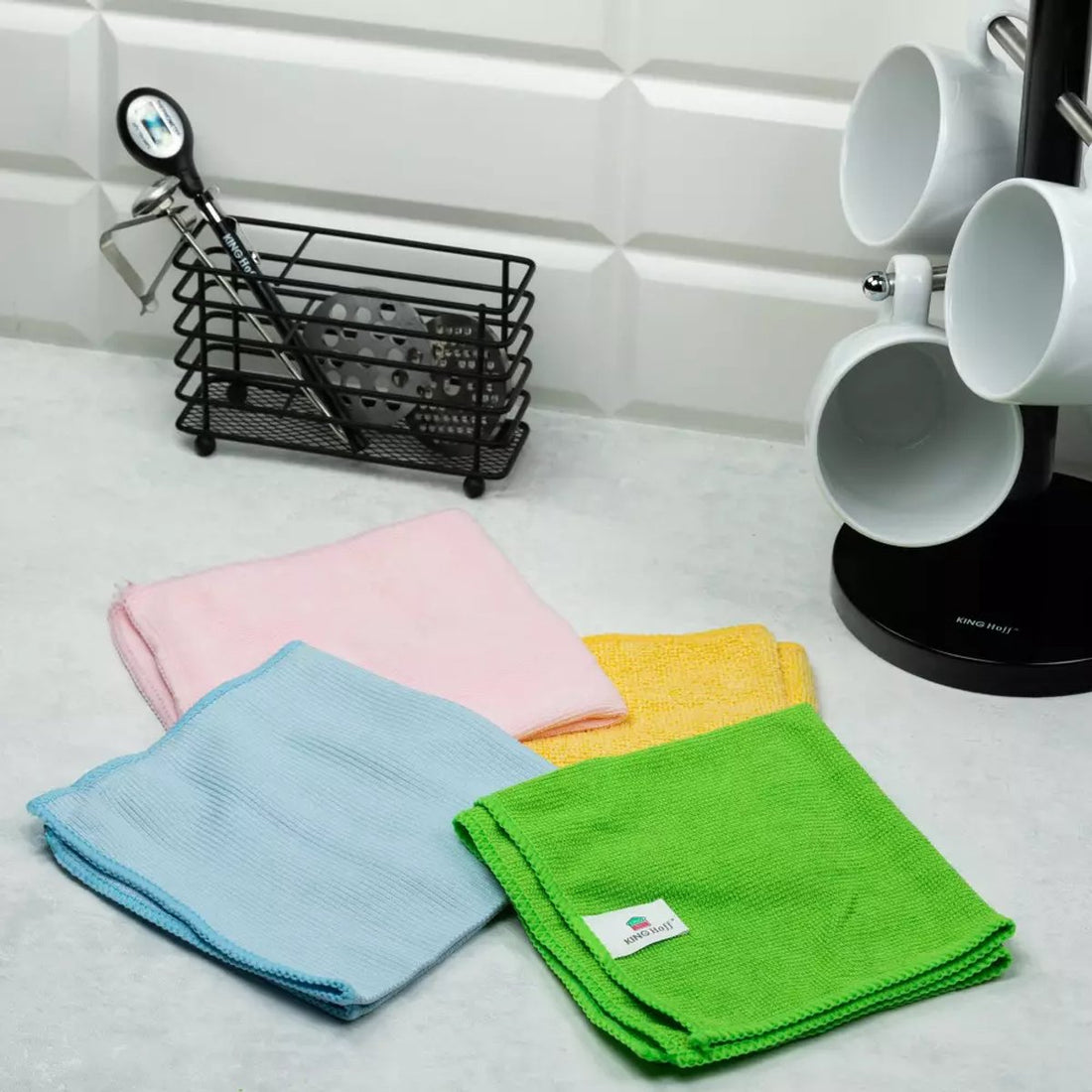 Kinghoff KH2115 Lot de 4 chiffons en microfibres codés par couleur (32 x 32 cm) pour meubles, vitres, cuisine et plus