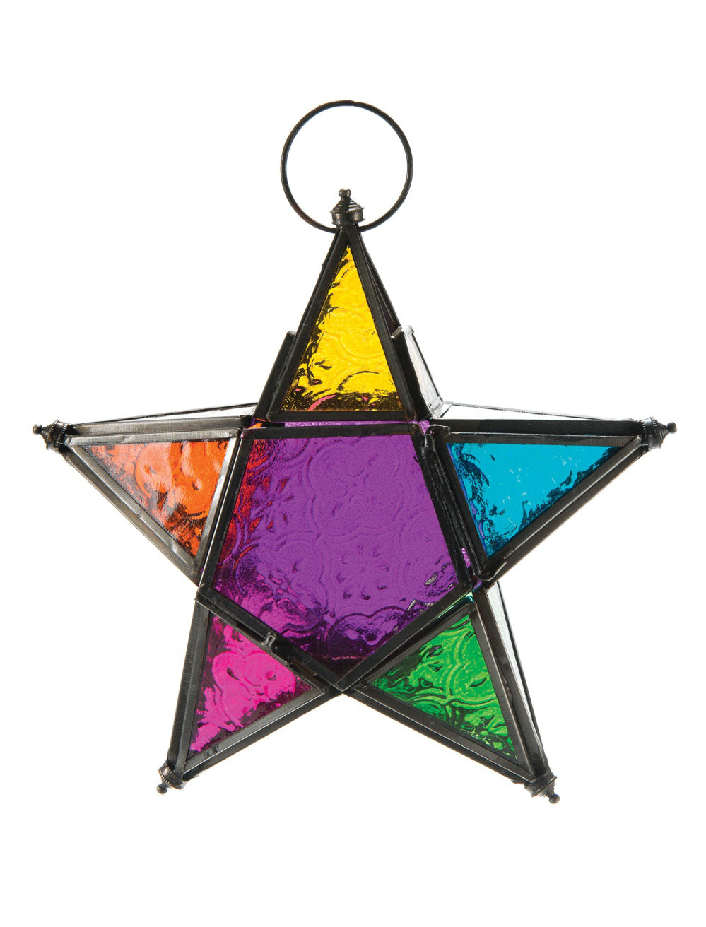 Marokkaanse ster lantaarn om op te hangen – ijzer met gekleurd glas, 20 cm