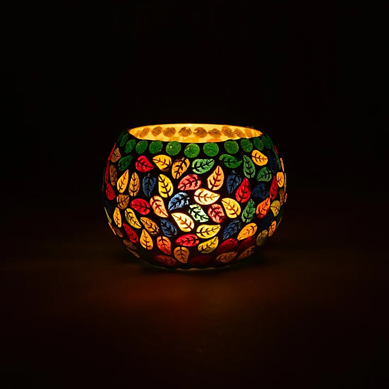 Mosaic tea light holder leaves