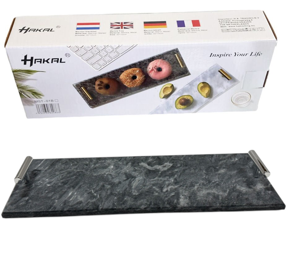 Marmeren dienblad zwart met zilveren handvatten – 40 x 14 cm