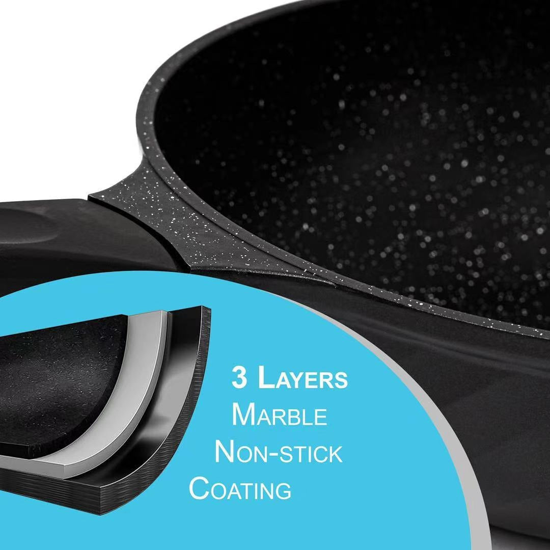 Wok en revêtement marbre compatible induction - avec couvercle en verre - Noir - 30 cm