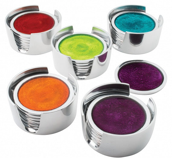 Set of 4 aluminum coasters in holder