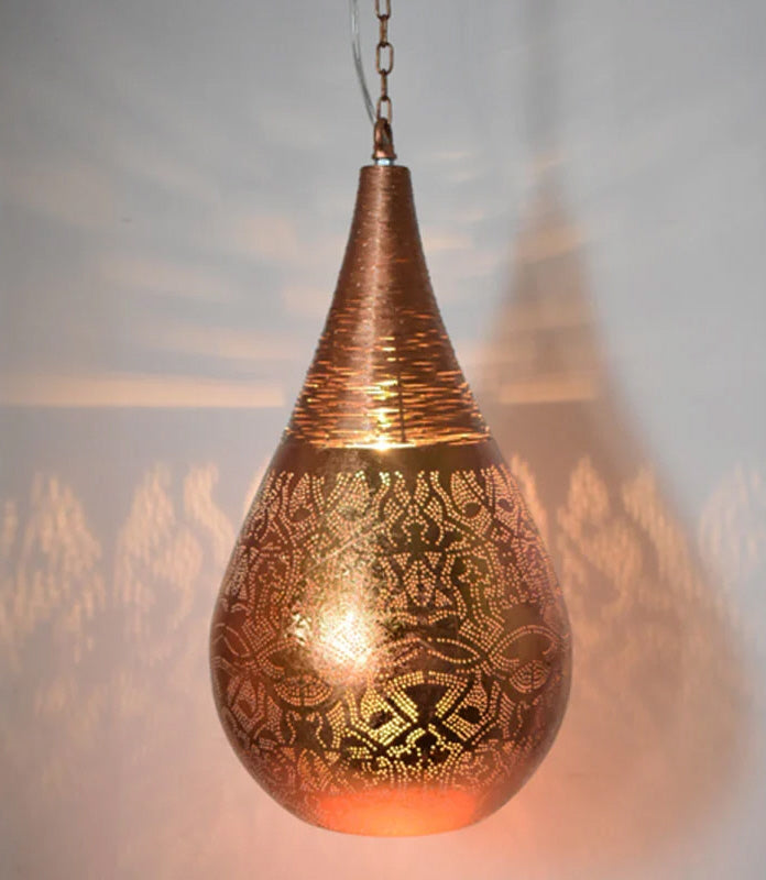 Oriental filigree design pendant lamp teardrop & wire vintage copper