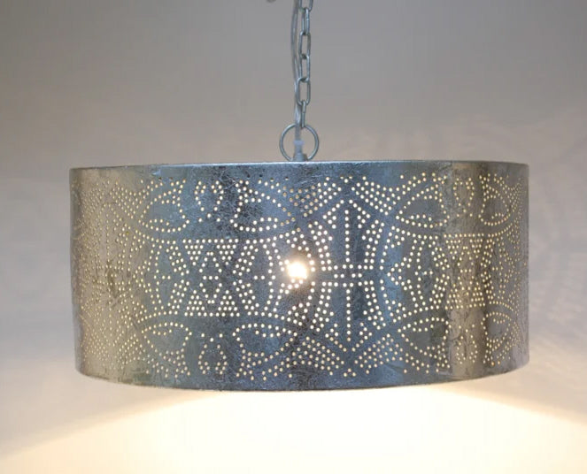 Oosterse hanglamp filigrain cilinder – bladzilver look, Ø 40 cm