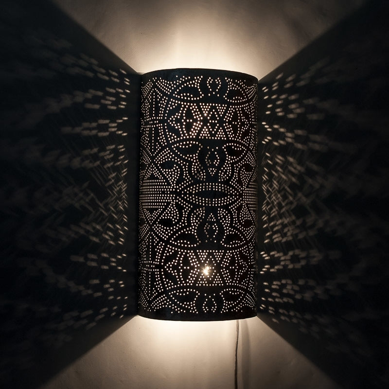 Oriental filigree wall lamp half cylinder silver