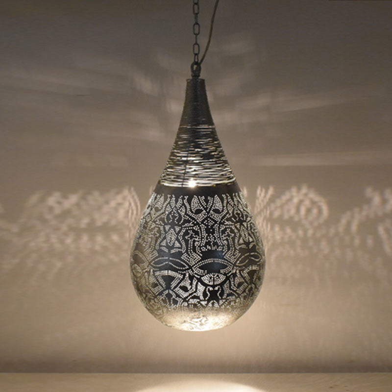 Oosterse filigrain hanglamp druppel met draad – vintage zilver, Ø 21 cm