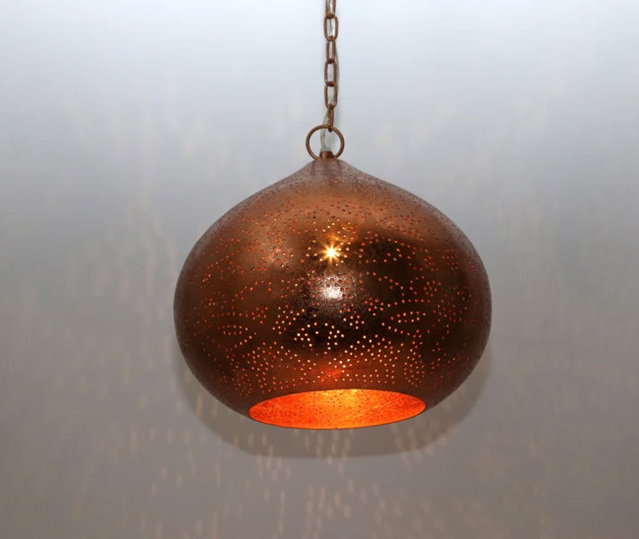 Suspension citrouille style filigrane en métal finition couleur cuivre vieilli