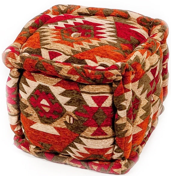 Pouf carré motif kilim oriental rouge-beige