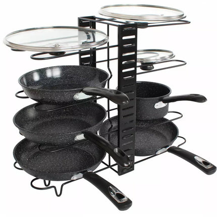 Pfannen Organizer – 8 Fächer – Schwarz – 47 x 20,5 x 38 cm – Aufbewahrungsregal für Pfannen, Töpfe und Deckel