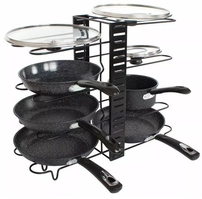 Pfannen Organizer – 8 Fächer – Schwarz – 47 x 20,5 x 38 cm – Aufbewahrungsregal für Pfannen, Töpfe und Deckel