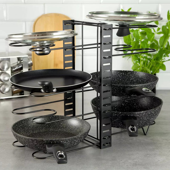 Pfannen Organizer – 8 Fächer – Schwarz – 47 x 20,5 x 38 cm – Aufbewahrungsregal für Pfannen, Töpfe und Deckel