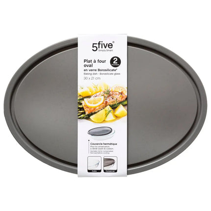 5Five Ovenschaal met deksel - borosilicaat glas - ovaal - 2.4 Liter - 32 x 21 x 6,7 cm