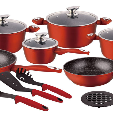 Topfset - Kochtopf - Induktion - 15-teilig Marmorbeschichtung - rot