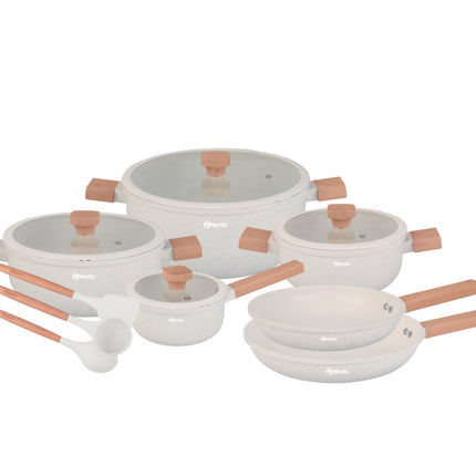 13-teiliges Topfset - Granit, Antihaftbeschichtung - Ergonomische Kaltgriffe - Alle Herdarten - Kochgeschirrset mit Bräter, Suppentopf, Stielkasserolle