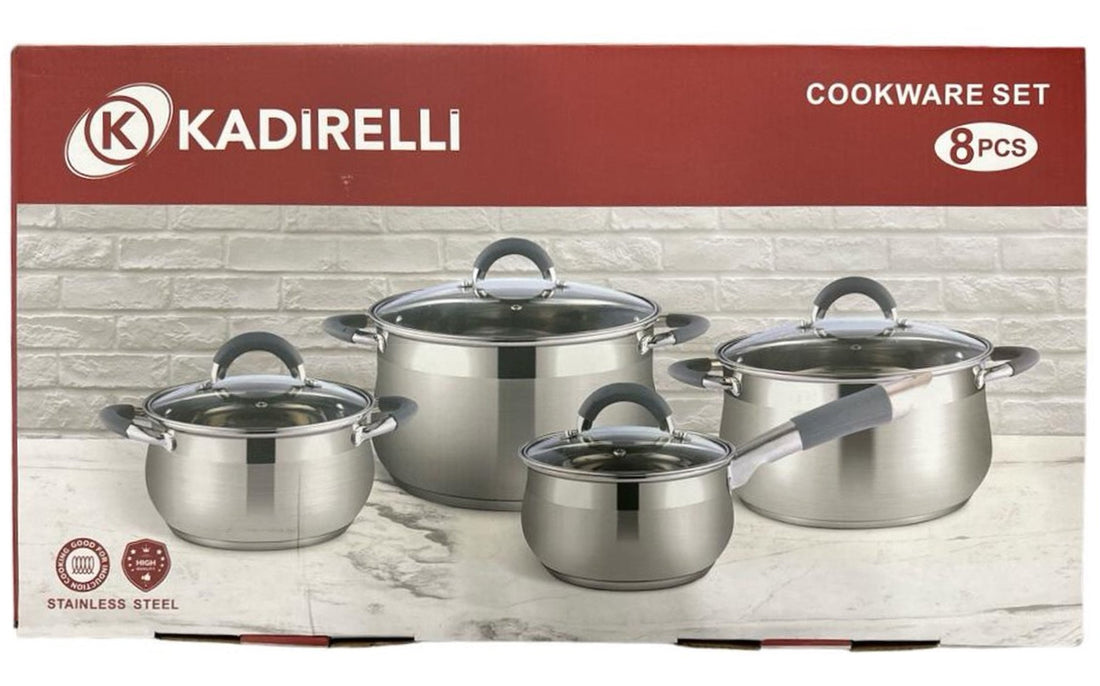 Kadirelli Casseroles - Set de casseroles à induction 8 pièces - Couvercle en verre - Acier inoxydable