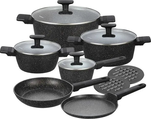 KLAUSBERG 12-teiliges Marmor-Topfset – Schwarz – Mit Glasdeckeln – Für Induktion und alle Herdarten geeignet