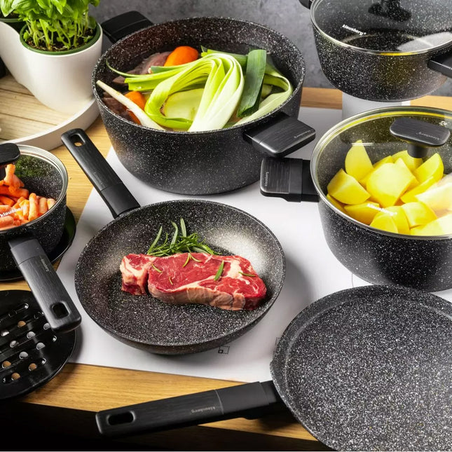 KLAUSBERG 12-teiliges Marmor-Topfset – Schwarz – Mit Glasdeckeln – Für Induktion und alle Herdarten geeignet