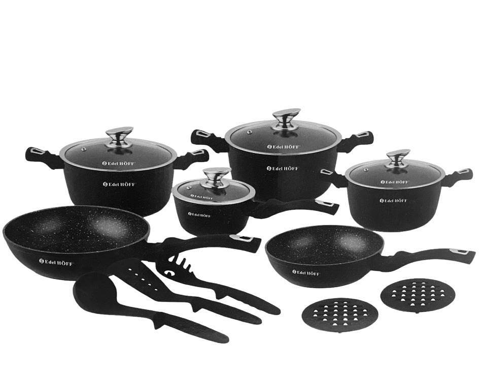 Batterie de cuisine - Casserole - Induction - 15 pièces revêtement marbre - Noir