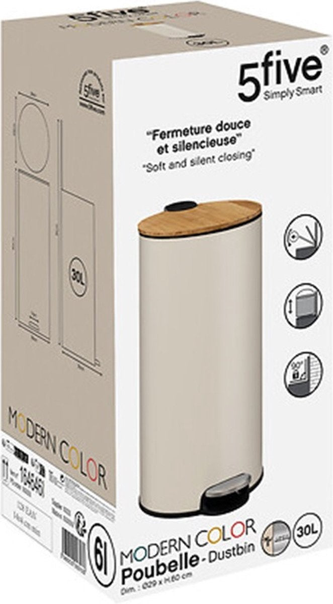 5Five poubelle/poubelle à pédale Bambou - beige - métal - 30 litres - 38 x 29 x 60 cm - cuisine