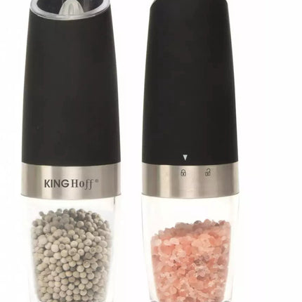Kinghoff 2er-Set Schwerkraft-Pfeffer- und Salzmühlen – elektrisch, Keramikmahlwerk, LED-Beleuchtung – Mattschwarz (50 ml)