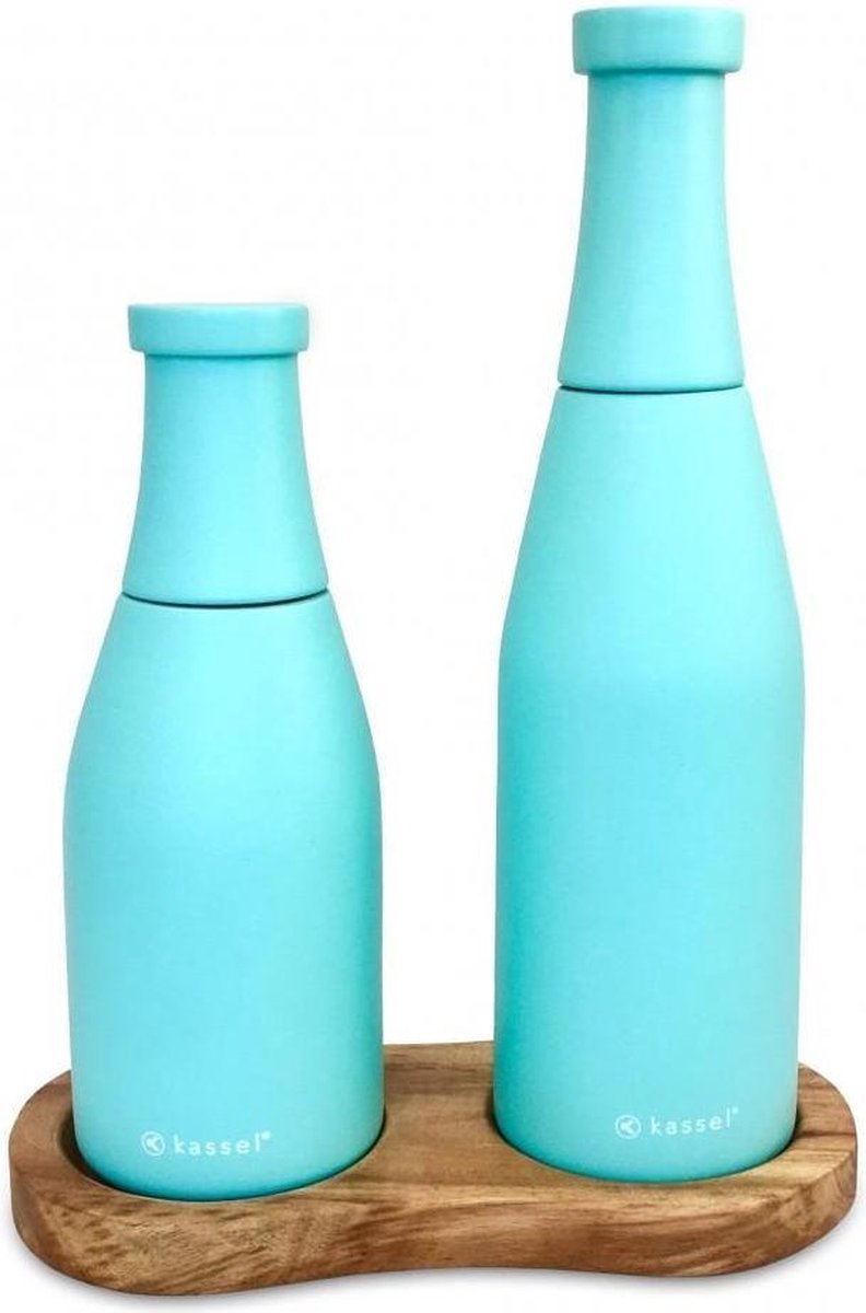 Kassel peper- en zoutmolen set met acacia standaard – blauw-turquoise