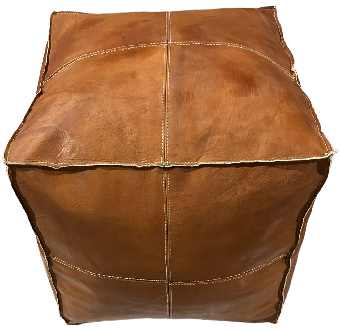 Pouf carré en cuir marron cognac 50x45x45 cm