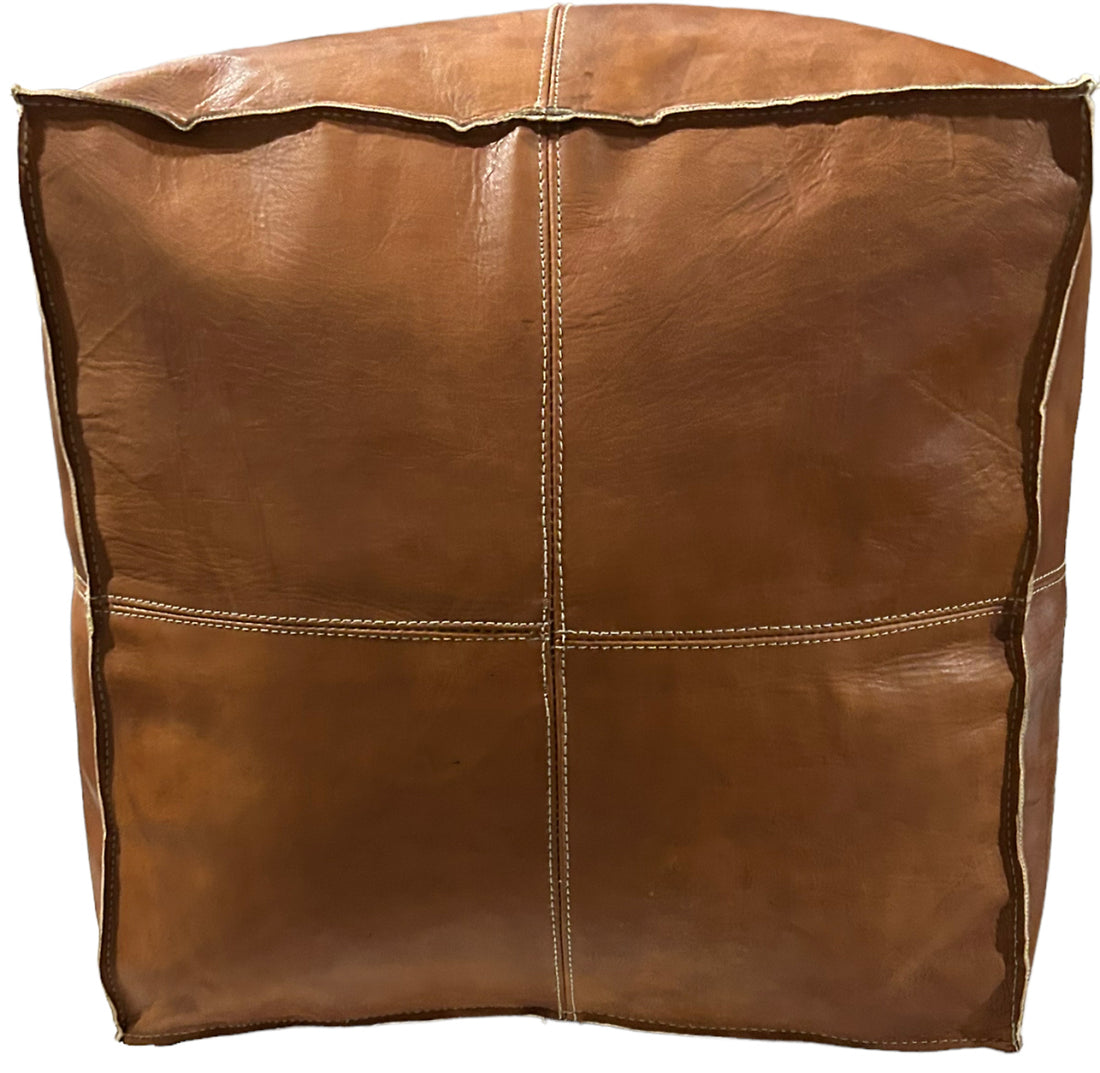Pouf carré en cuir marron cognac 50x45x45 cm