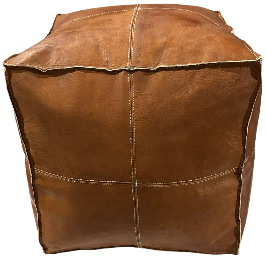 Pouf carré en cuir marron cognac 50x45x45 cm