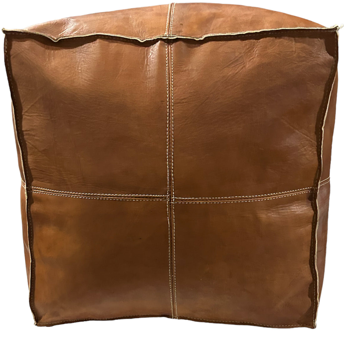 Pouf carré en cuir marron cognac 50x45x45 cm