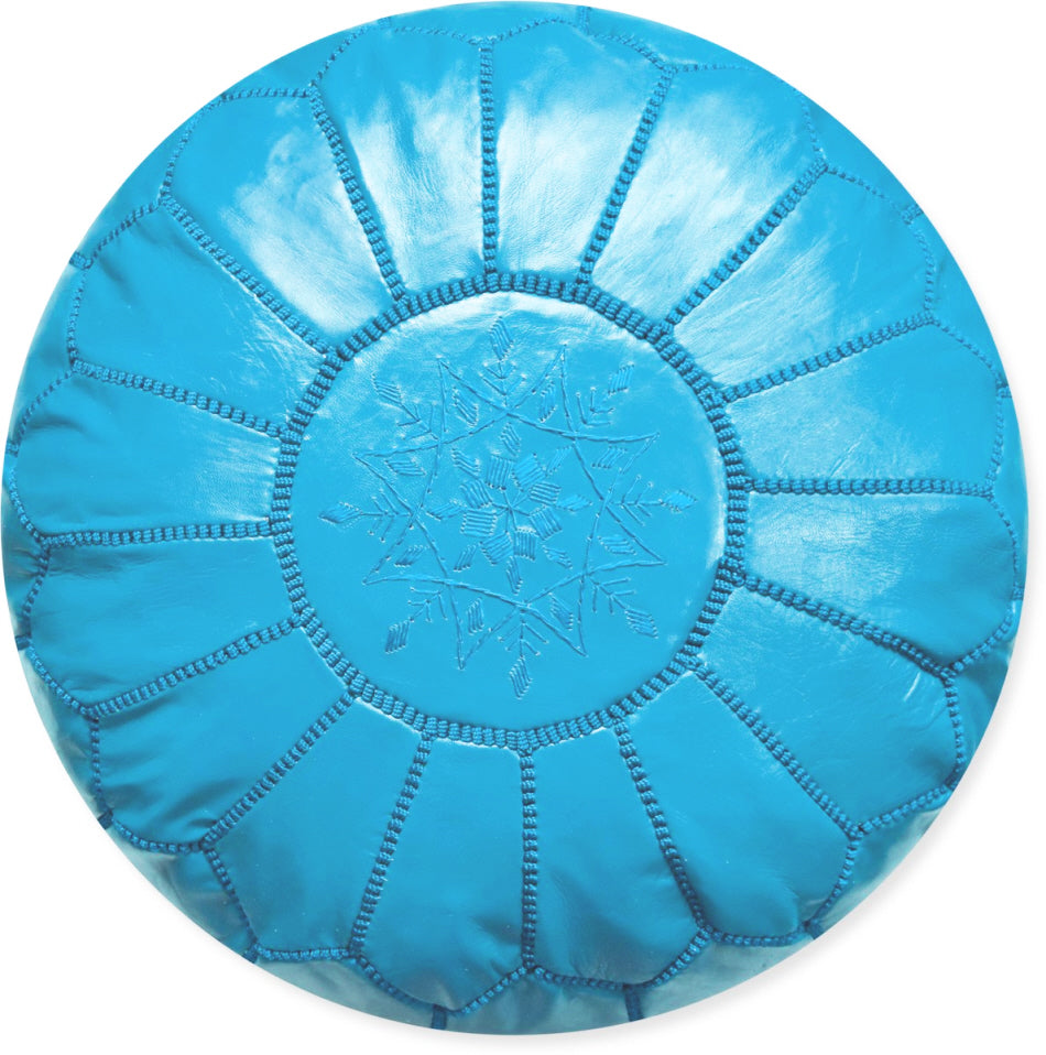 Marokkaanse leren poef turquoise blauw – handgeborduurd, Ø 55 x 35 cm