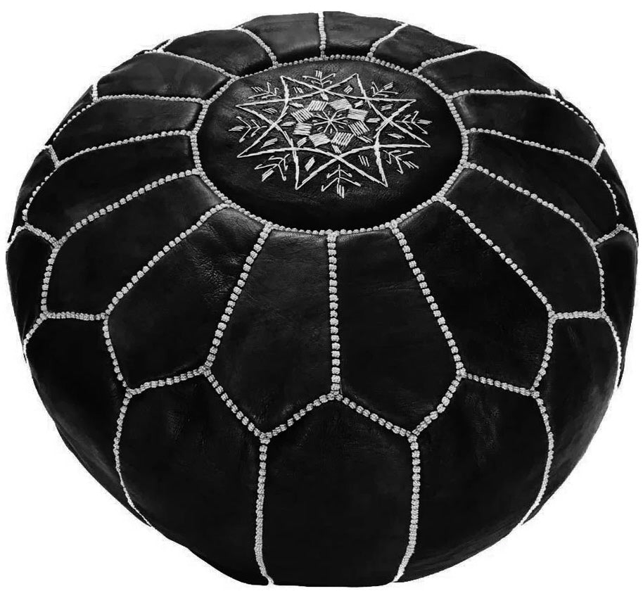 Moroccan Leather Pouf Black with White Embroidery – Handmade in Marrakech