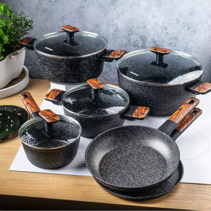 12-teiliges Granit-Topfset mit Marmorbeschichtung – Induktionsgeeignet und für alle Kochfelder – Kratzfest und gesundes Kochen