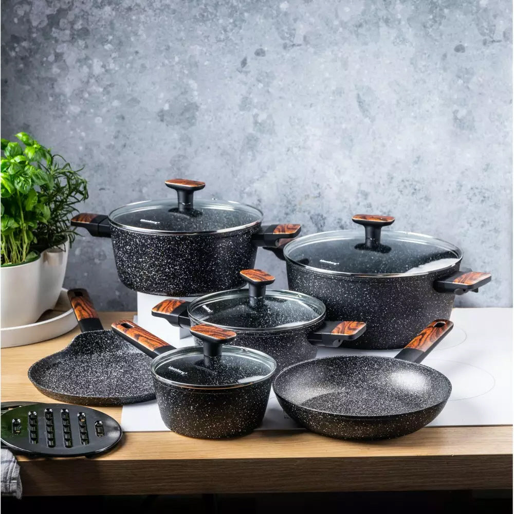 12-Piece Granite Cookware Set with Marble Coating – Suitable for Induction and All Heat Sources – Scratch-Resistant and Healthy Cooking