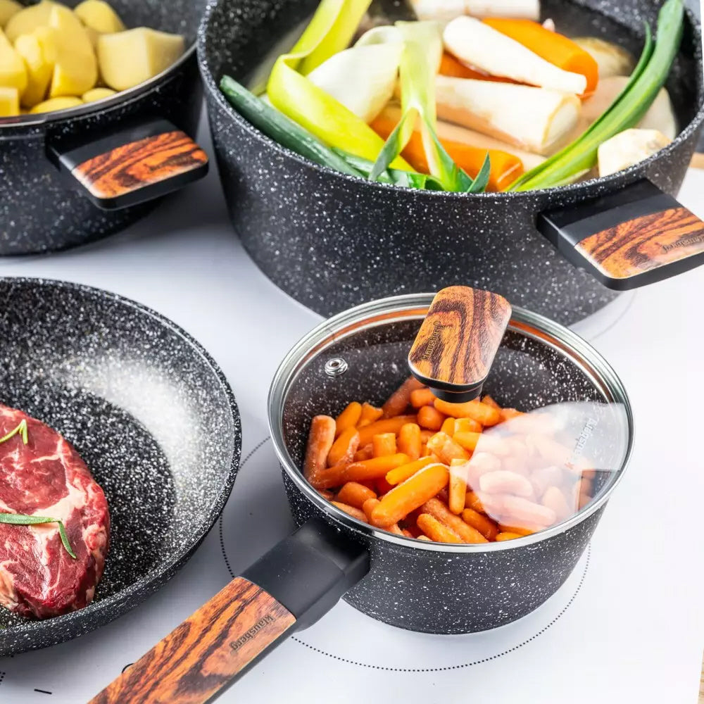 12-Piece Granite Cookware Set with Marble Coating – Suitable for Induction and All Heat Sources – Scratch-Resistant and Healthy Cooking