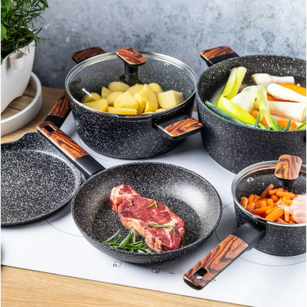 12-Piece Granite Cookware Set with Marble Coating – Suitable for Induction and All Heat Sources – Scratch-Resistant and Healthy Cooking
