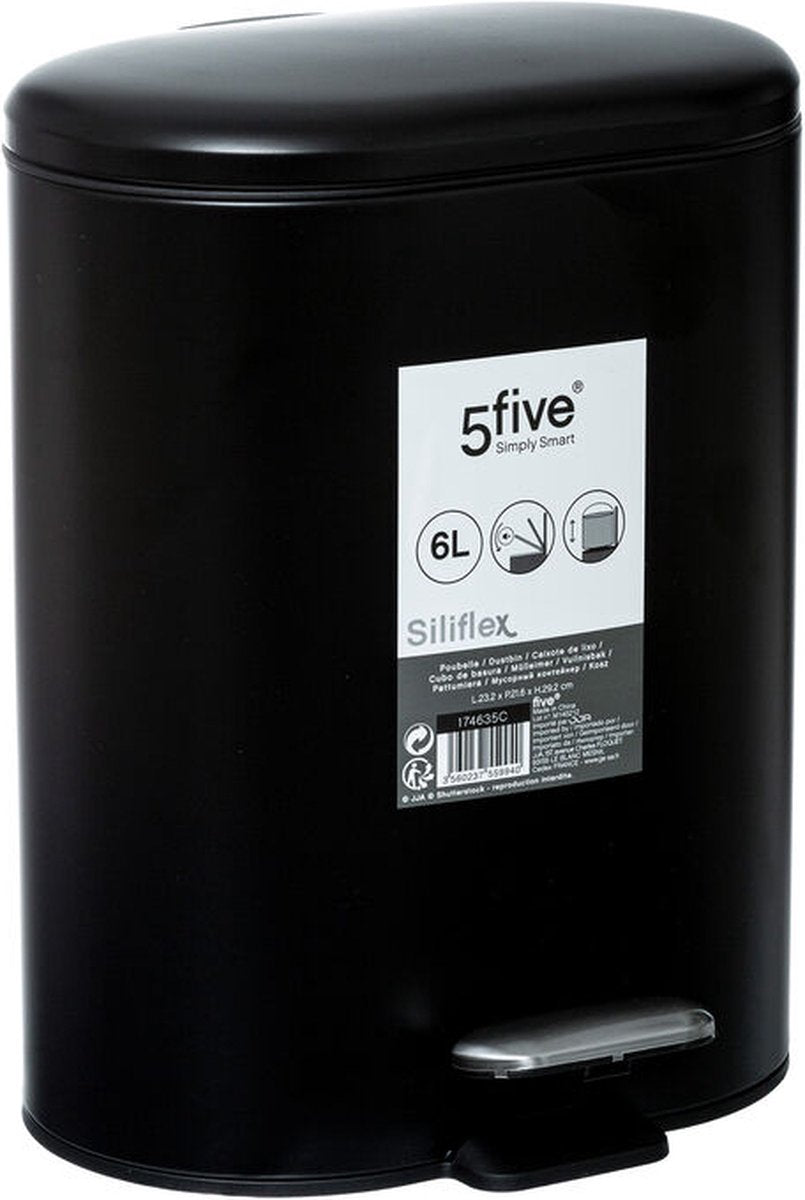 Poubelle/poubelle à pédale noire en acier inoxydable 6 litres - 15x24x30 cm
