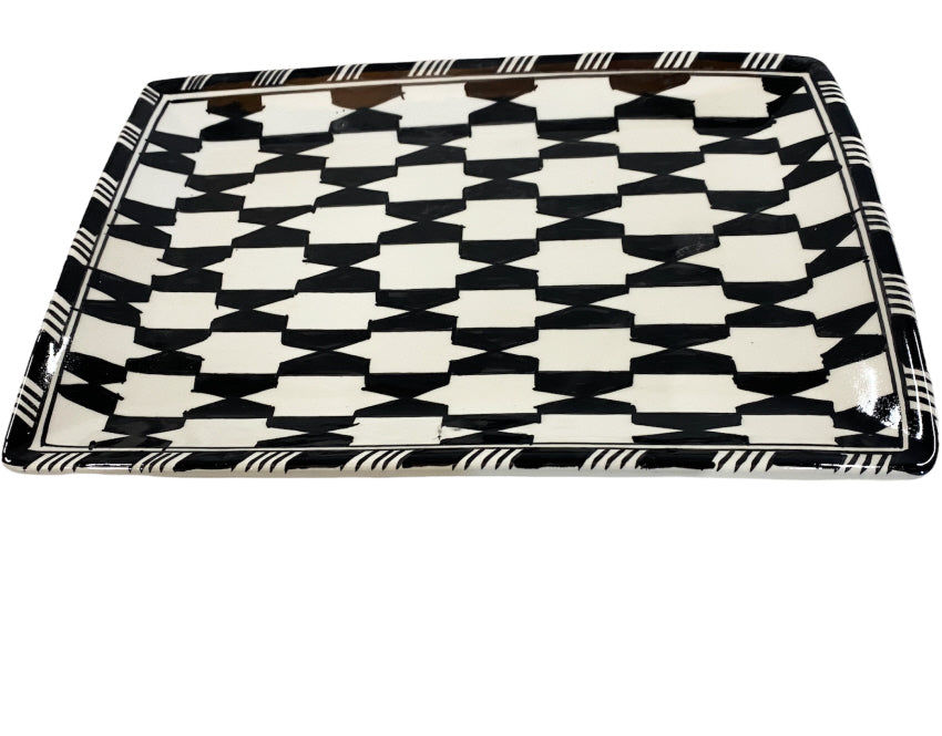Assiette plate rectangulaire en faïence noir et blanc 32X21 CM
