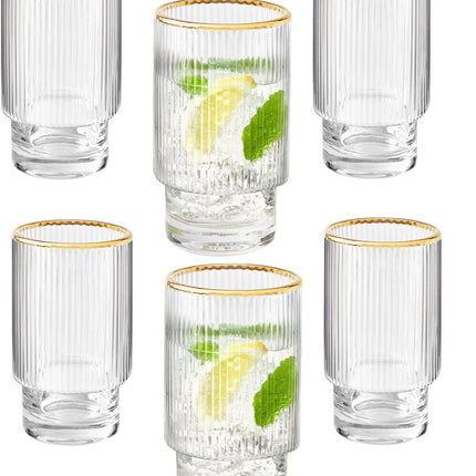 Ripple Longdrinkgläser - Goldrand - 6-teiliges Set - 295 ml - Stapelbar