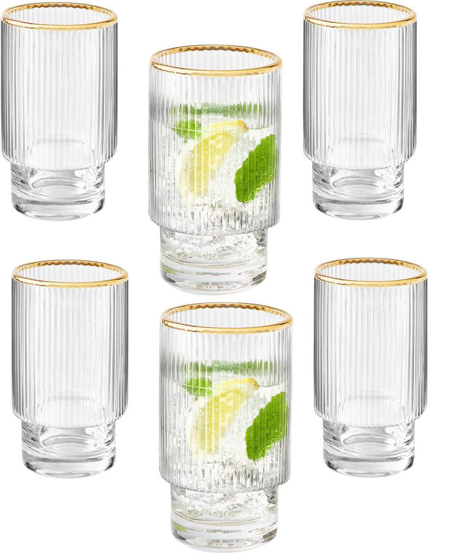 Ripple longdrinkglazen - Goude rand - 6 Delig Set -295 ml - Stapelbaar