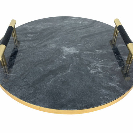 Servierplatte Tablett Marmor rund mit Griffen 30 cm