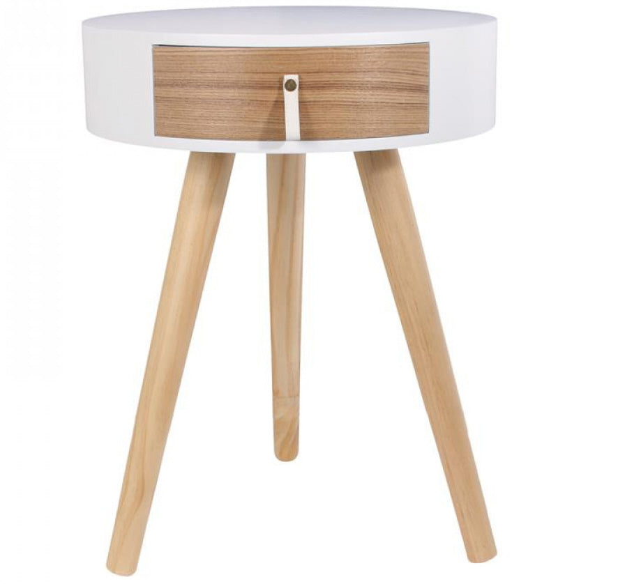 Round white bedside table