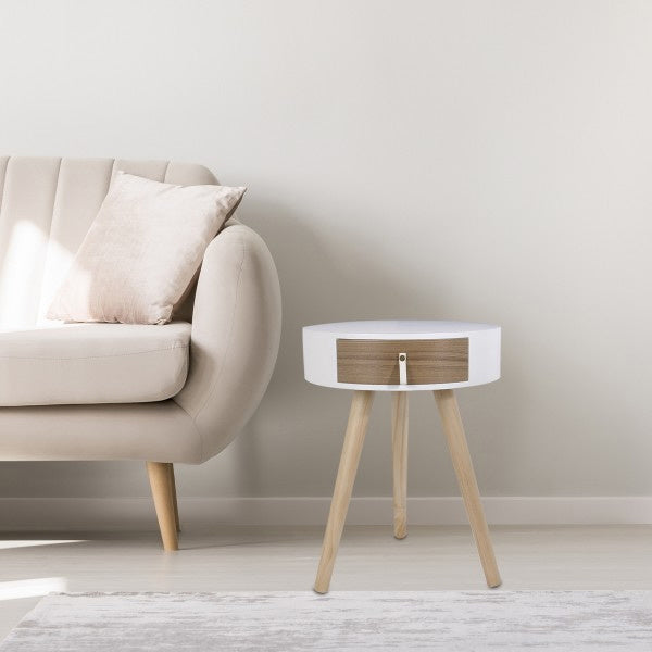 Round white bedside table