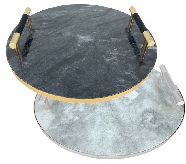 Servierplatte Tablett Marmor rund mit Griffen 30 cm