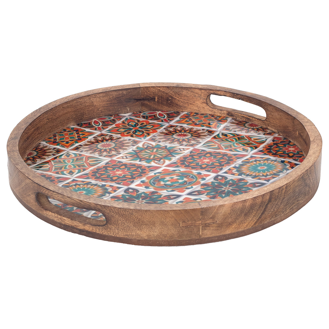 Plateau rond en bois motif émail 35 cm