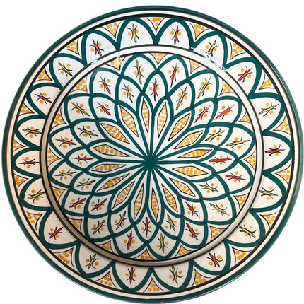 Marokkanische Schale Ø35 cm – Handgemachte Keramik – Grün mit orangefarbenen Details