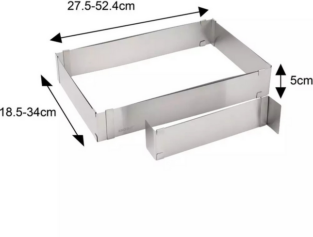 Kinghoff Verstellbare Kuchenform, quadratisch – Edelstahl, mit Schiebewand, 27,5x18,5 bis 52,4x34 cm – Backform – Tortenform