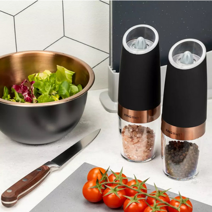 Kinghoff Elektrische Peper- en Zoutmolens – Zwaartekracht Bediening, LED Verlichting, Instelbare Maalgraad (Mat Zwart, Set van 2) - Peper en Zoutstel
