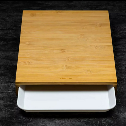 Kinghoff Bamboe Snijplank met Opvangbak – Natuurlijk Materiaal, Anti-Slip, Multi-functioneel (38x25 cm) – Inclusief Wit Kunststof Serveerbakje