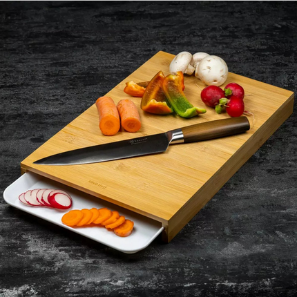 Kinghoff Bamboe Snijplank met Opvangbak – Natuurlijk Materiaal, Anti-Slip, Multi-functioneel (38x25 cm) – Inclusief Wit Kunststof Serveerbakje