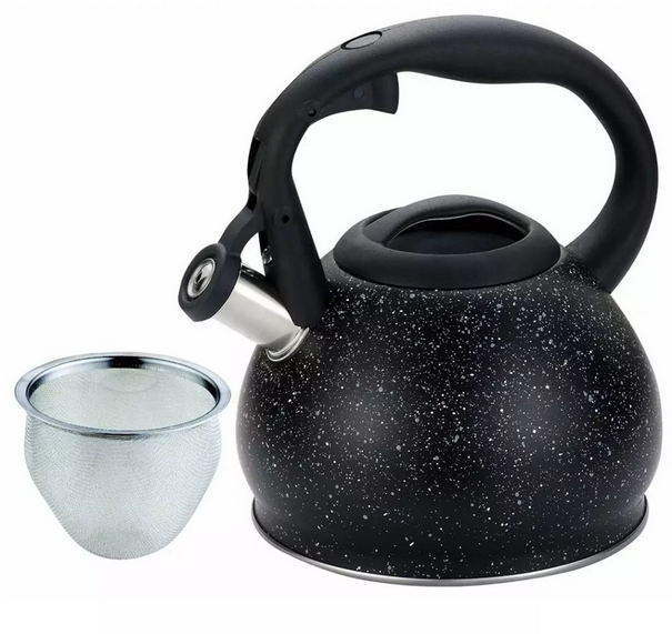 Kinghoff Waterkoker met Zeef - Roestvrij Staal 1.2L - Zwart Marmer Design - Geschikt voor Alle Kookplaten Inclusief Inductie - Theepot - Fluitketel